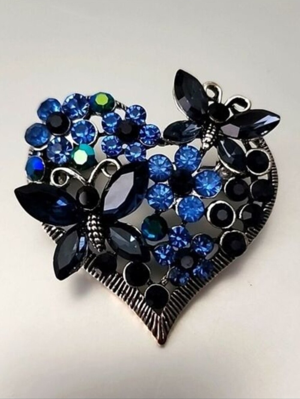 Heart BUTTERFLY  SIMULATED SAPPHIRE IRRIDESCENT GEMS HEART BROOCH #2